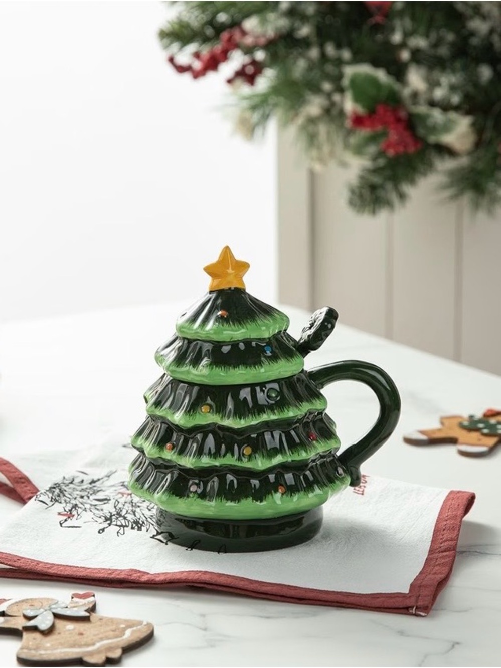 Ceramic Christmas Tree Mug with Spoon - Green & Yellow - Picture 5 of 7